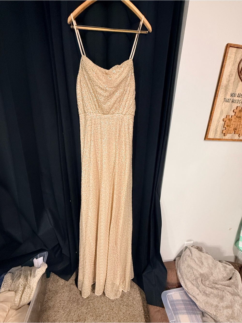 Mori Lee Champagne Sequin Spaghetti-Strap Maxi Gown